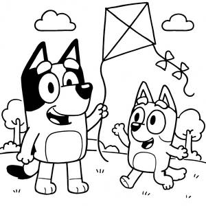 Pagina da Colorare di Bluey e Bingo: Volando un Colorato Aquilone!