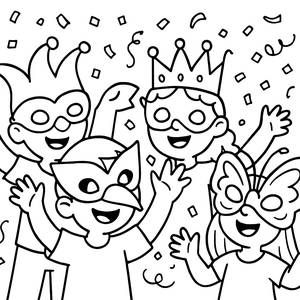 Pagina da Colorare di Carnevale: Bambini con Maschere e Confetti