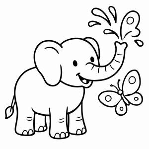 Spaßige Ausmalbild von einem Elefanten, der Wasser Sprüht