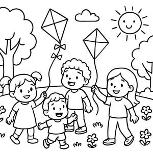 Fun Friends Kite Flying Coloring Page