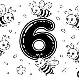 Pagina da colorare Numero 6 divertente con api