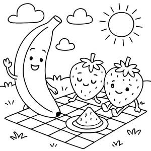 Página para Colorir Divertida com Banana e Morangos no Piquenique