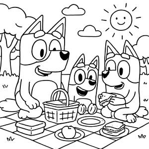 Lustige Picknick-Ausmalbild mit Bandit, Chilli, Bluey und Bingo!