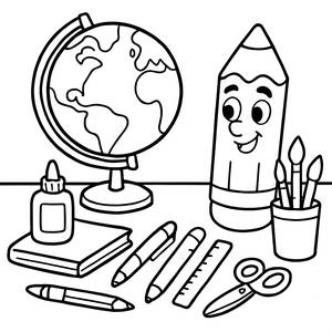 Página para Colorear Divertida de Materiales Escolares: ¡Globo y Lápiz Amistoso!