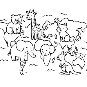 Bunte Weltkarte Malvorlage mit Cartoon-Tieren