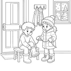 Kids Getting Dressed for Snow Coloring Page