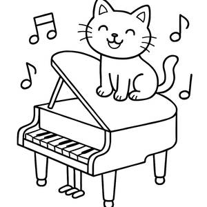 Раскраска: Гранд-пиано с Танцующими Нотами и Счастливым Котом