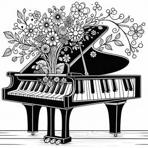 Pagina da Colorare di Pianoforte a Coda con Fiori Colorati