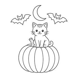Ausmalbild Halloween: Kätzchen auf einem Kürbis
