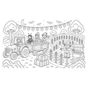 Disegno da colorare giro sul carro di fieno al labirinto di mais di Halloween