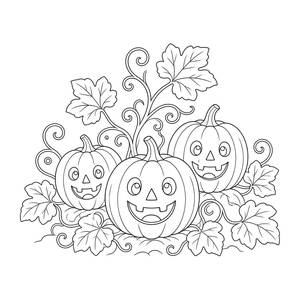 Ausmalbild Halloween: Kürbisbeet mit Kürbislaternen