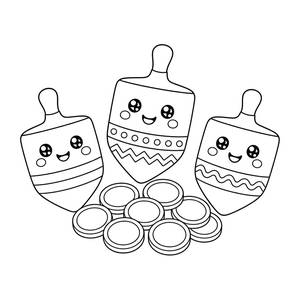 Ausmalbild Chanukka: Dreidel und Schokomünzen