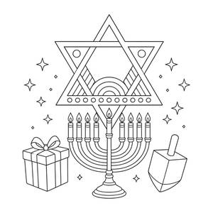 Ausmalbild Chanukka: Davidstern, Leuchter und Geschenke