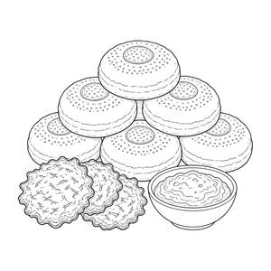 Ausmalbild Chanukka: Sufganiyot und Latkes