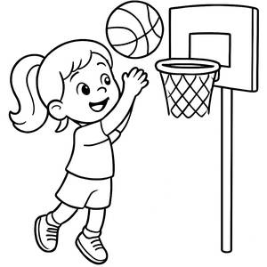 Ausmalbild eines Mädchens beim Basketball-Schießen