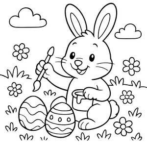 Fröhlicher Hase beim Eiermalen Ausmalbild