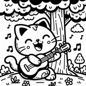 Pagina da Colorare del Gatto Felice con Chitarra