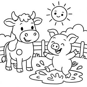 Malvorlage von der Glücklichen Kuh und dem Schwein