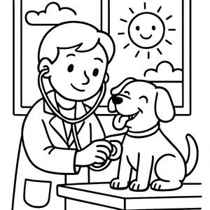 Page à Colorier: Chien Heureux chez le Vétérinaire