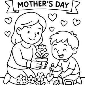 Pagina da Colorare per la Festa della Mamma: Piantare Fiori Insieme