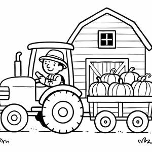 Harvest Fun Coloring Page - Tractor and Pumpkins