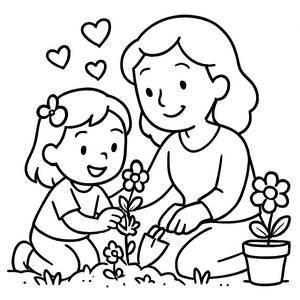 Pagina da Colorare per la Festa della Mamma: Piantare Fiori Insieme