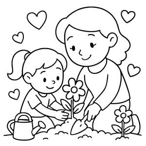 Pagina da Colorare: Madre e Figlio Piantano Fiori