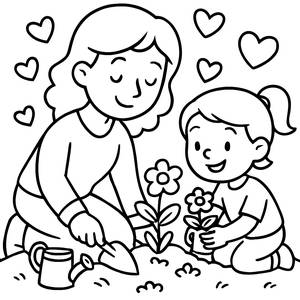 Página para Colorear del Día de la Madre: Mamá y Niño Plantando Flores
