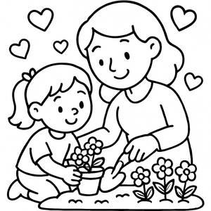 Heartwarming Mother's Day Coloring Page: Planting Flowers Together