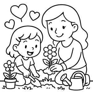 Pagina da Colorare per la Festa della Mamma: Piantare Fiori Insieme