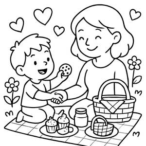 Ausmalbild: Picknick mit Herzen und Blumen