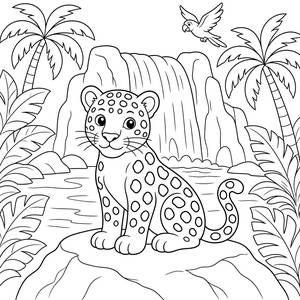 Jaguar by a Rainforest Waterfall Coloring Page
