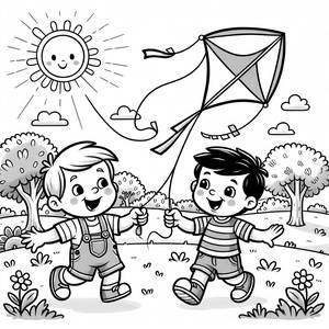 Página para Colorear de JJ y TomTom Volando Cometas