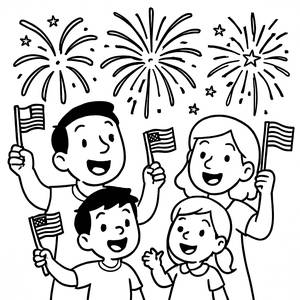 Joyful Family Watching Fireworks Coloring Page