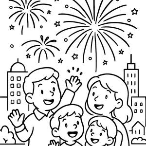 Ausmalbild einer Fröhlichen Familie beim Feuerwerk