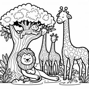 Joyful Jungle Coloring Page: Lion and Giraffes