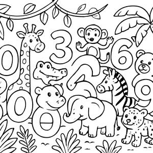 Página para Colorear Números en la Jungla: Amigos Animales 0-9