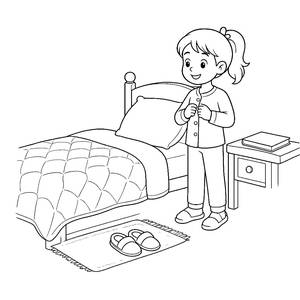 Coloriage heure du coucher : un enfant boutonne son pyjama