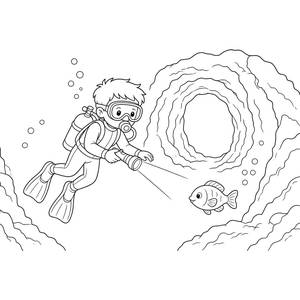 Kid Diver Exploring a Sea Cave Coloring Page
