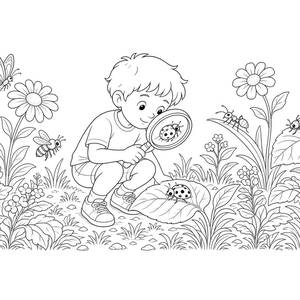 Kid Exploring Bugs with a Magnifying Glass Coloring Page