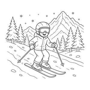Kid Skiing in the Mountains Coloring Page