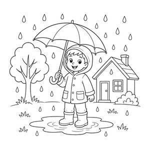 Kid with Umbrella and Rain Boots Coloring Page