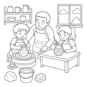 Bambini al corso di ceramica da colorare