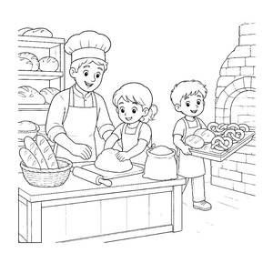 Peques hacen pan en la panadería con el panadero para colorear