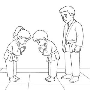 Kids Bowing in a Karate Class Coloring Page