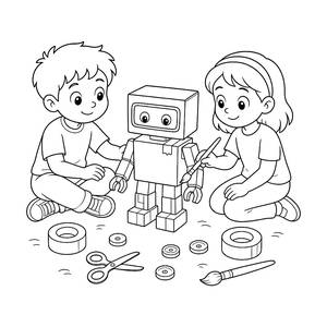 Kids Building a Cardboard Robot Coloring Page