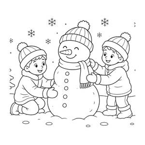 Bambini che fanno un pupazzo di neve da colorare