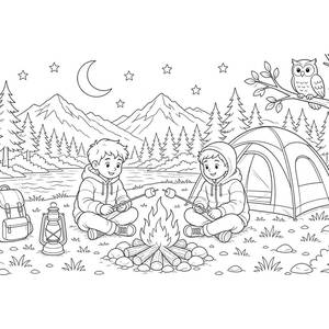 Kids Roasting Marshmallows at the Campfire Coloring Page