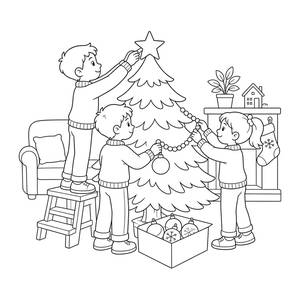 Kids Decorating the Christmas Tree Coloring Page