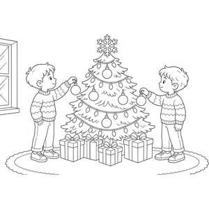 Kids Hanging Baubles on a Christmas Tree Coloring Page